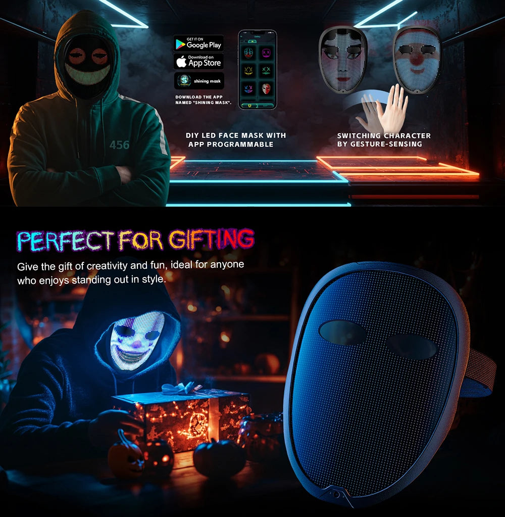 Máscaras Faciales LED Inteligentes Programables con Control por Aplicación Bluetooth, Cambio de Fotos DIY, Máscara LED Luminosa para Fiestas de Halloween