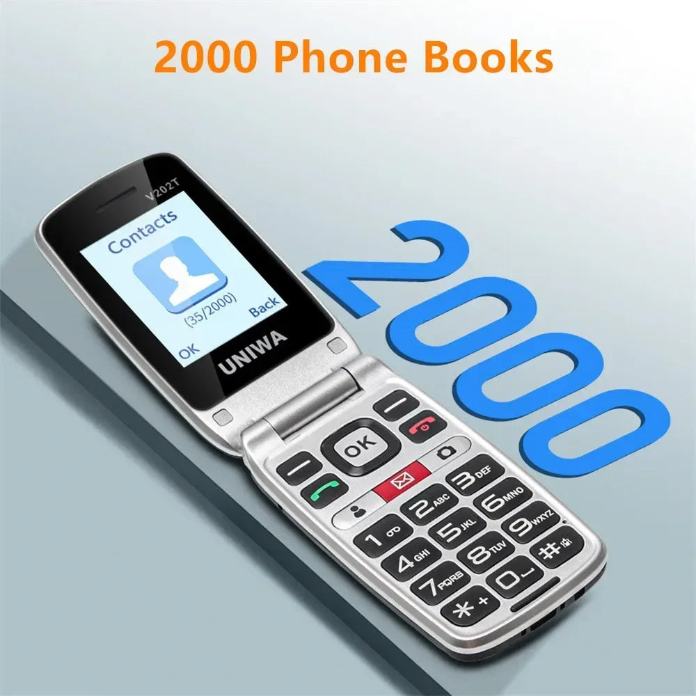 UNIWA V202T teléfono abatible pantalla Dual botón grande tarjetas SIM duales red 4G soporte para teléfono móvil base de carga para personas mayores