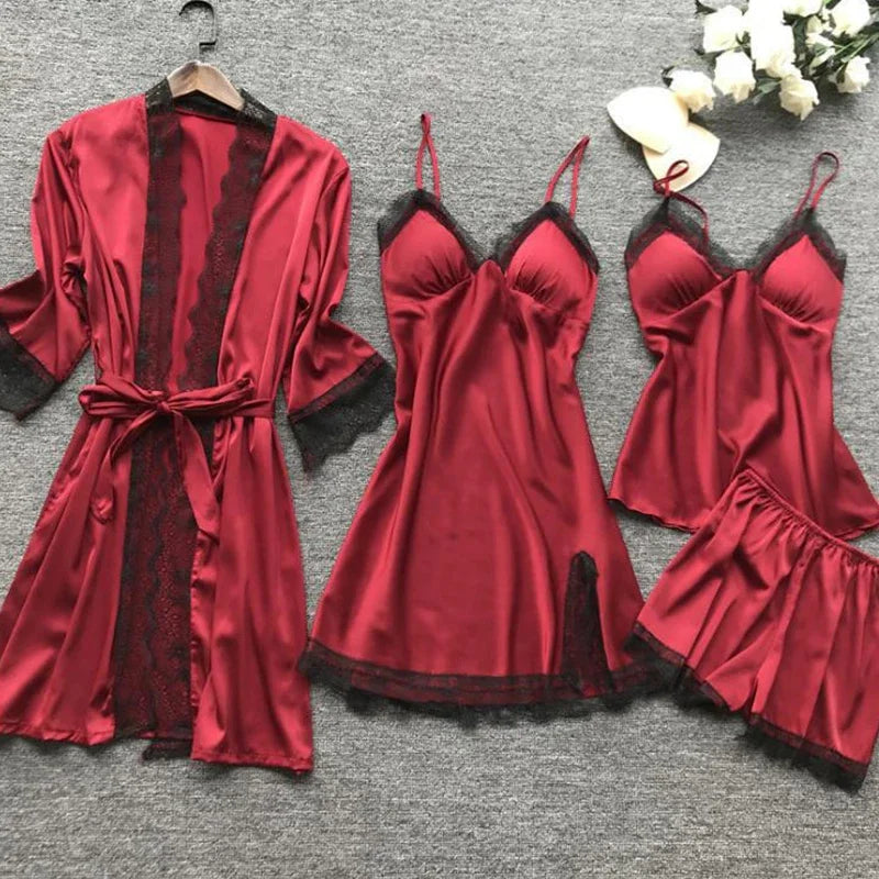 Pijama Set 4 Piezas de Encaje con Escote en V y Almohadillas