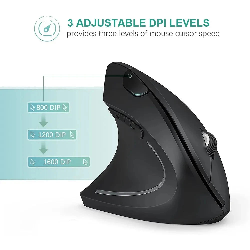 Ratón Vertical Ergonómico Inalámbrico de 2.4GHz HOMEFISH, Ratón Óptico con 3 DPI Ajustables 800/1200/1600 y 6 Botones para Computadora Portátil y PC