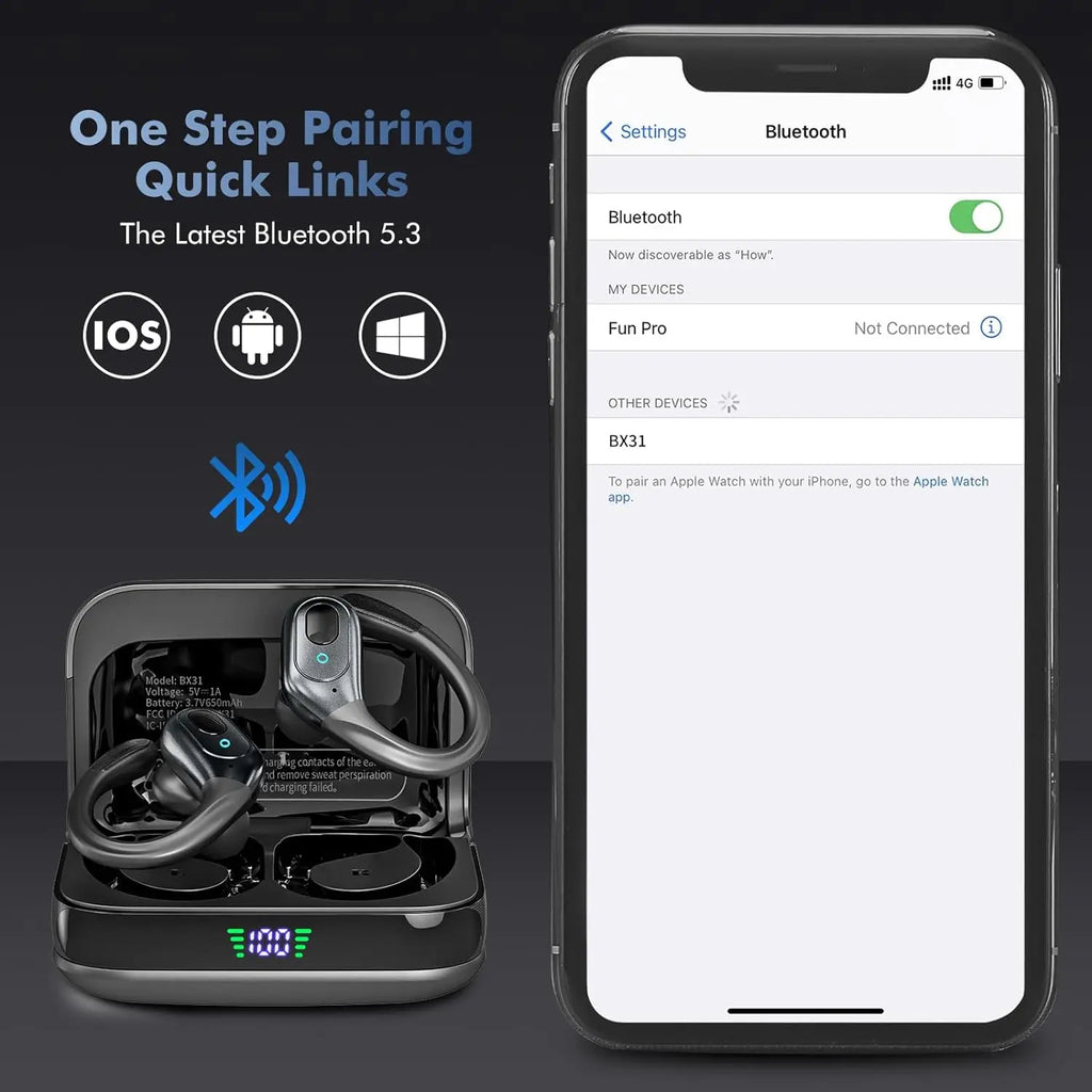 Auriculares inalámbricos con Bluetooth 5,3, cascos deportivos con 75H de tiempo de reproducción, IPX7, resistentes al agua, pantalla LED, graves profundos