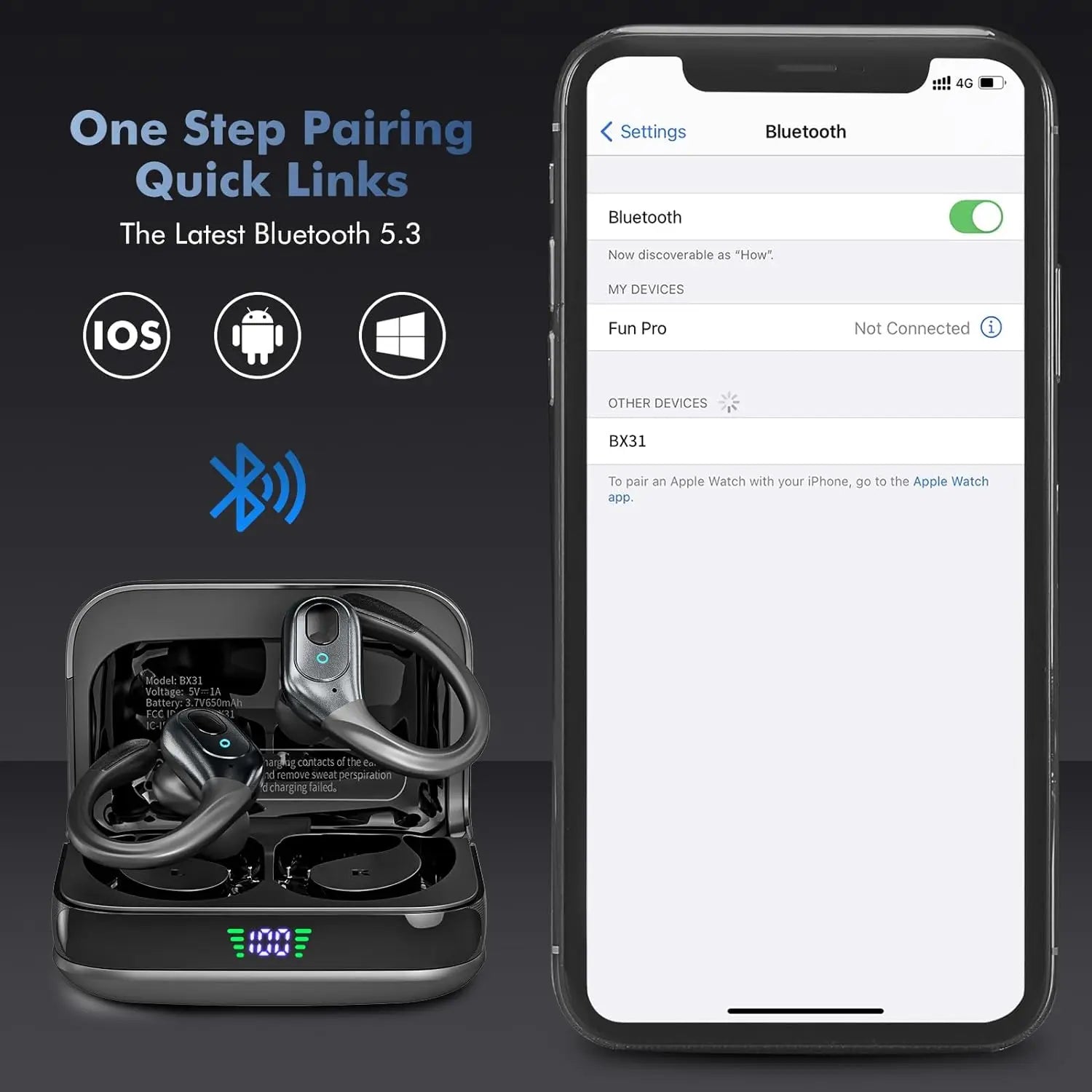 Auriculares inalámbricos con Bluetooth 5,3, cascos deportivos con 75H de tiempo de reproducción, IPX7, resistentes al agua, pantalla LED, graves profundos
