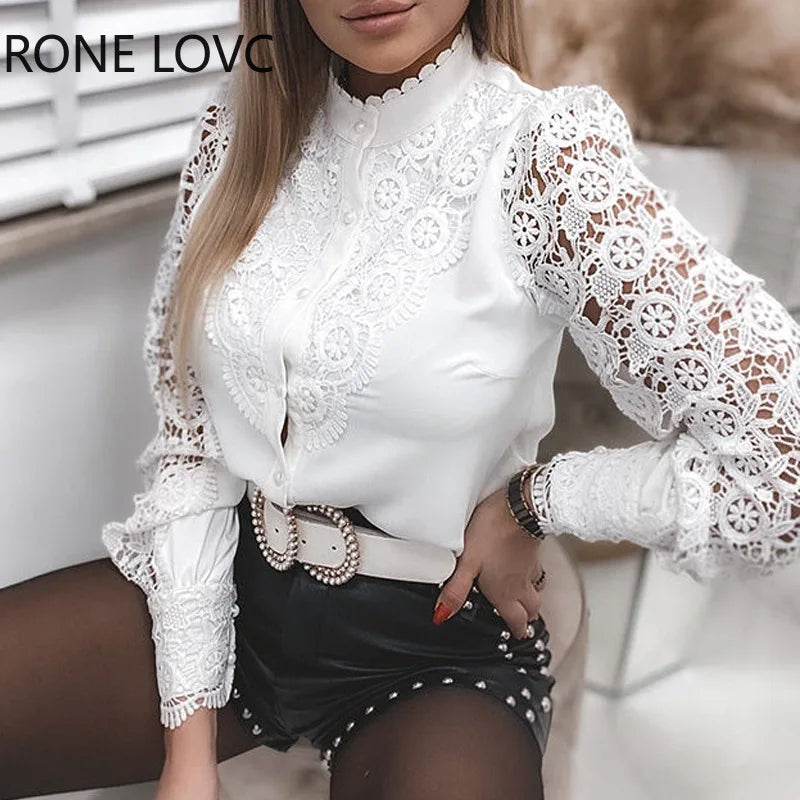 Camisa Elegante con Cuello de Encaje para Mujer