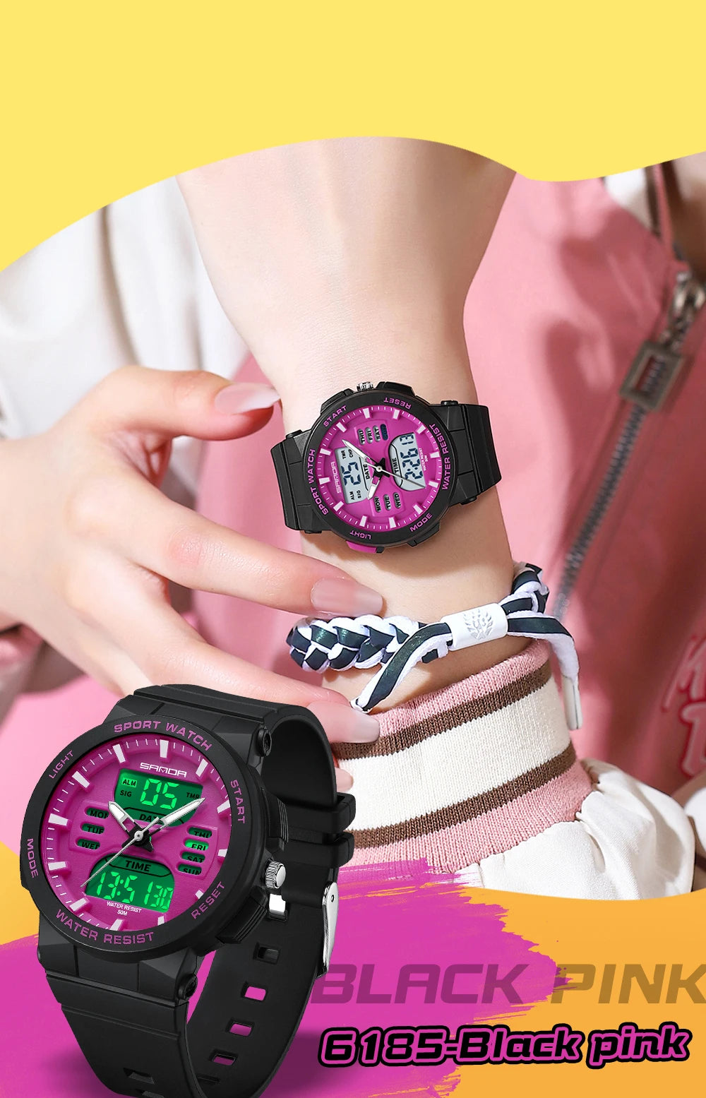 Reloj Digital LED SANDA 6185 para Mujer Pantalla Dual Resistente al Agua