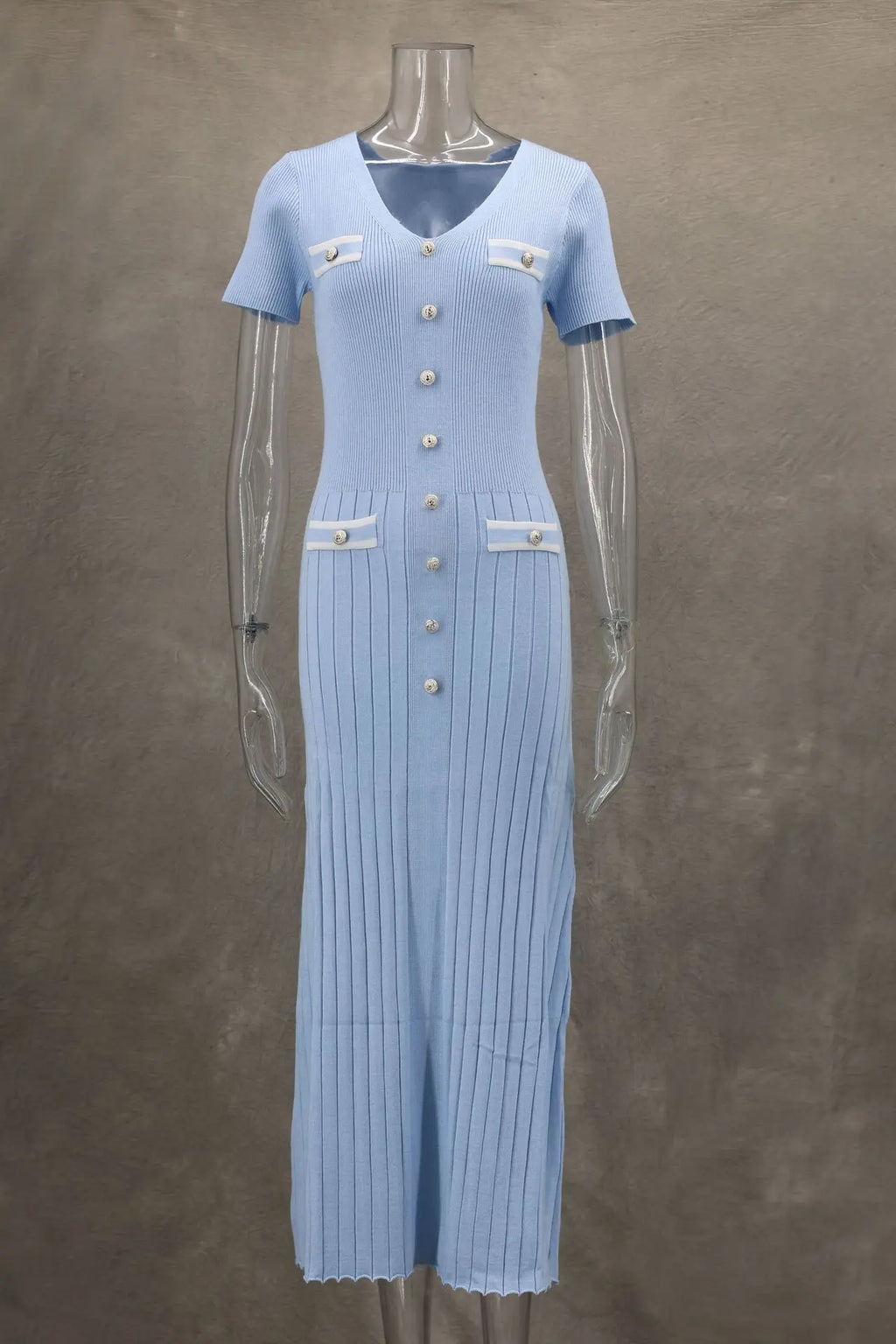 Vestido largo de punto con cuello en V para mujer, suéter elegante de un solo pecho, ropa de calle ceñida al cuerpo, moda de verano, 2024