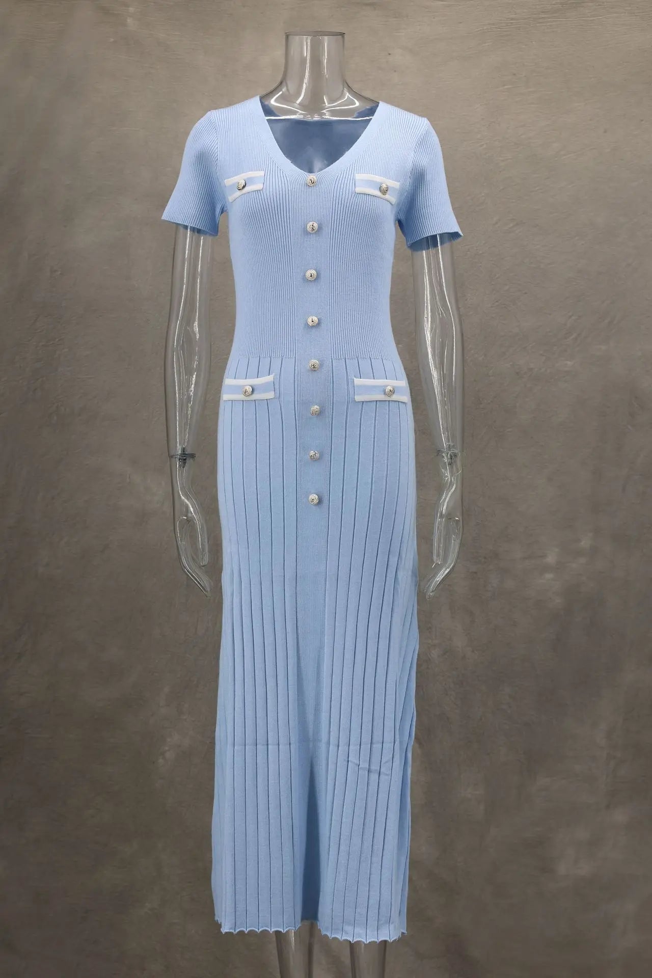 Vestido largo de punto con cuello en V para mujer, suéter elegante de un solo pecho, ropa de calle ceñida al cuerpo, moda de verano, 2024