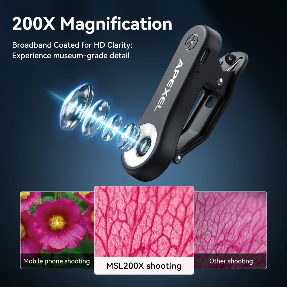 Lente de Microscopio APEXEL HD 200X para Smartphone con Luz LED