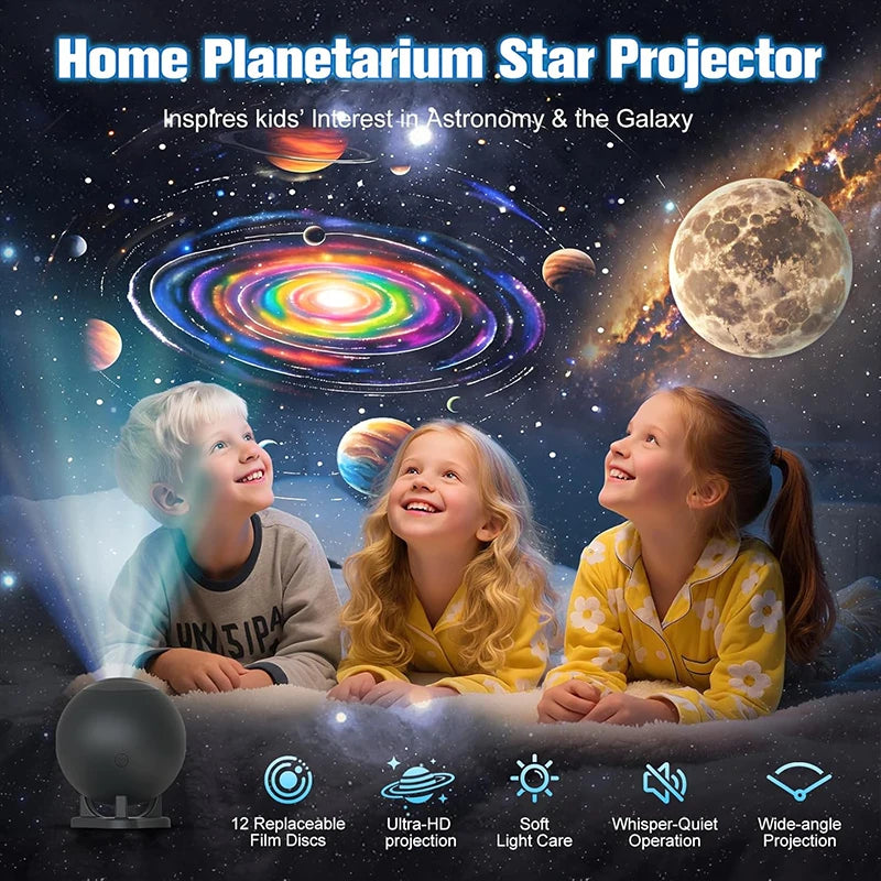 Proyector planetario para dormitorio, 12 discos de imágenes, proyectores de galaxia, luz nocturna de estrellas, iluminación de ambiente de techo, lámpara espacial