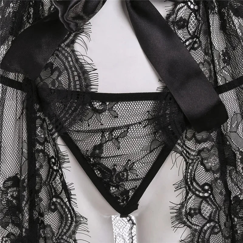 Babydoll Transparente con Cuello en V, Tanga de Encaje para Mujer