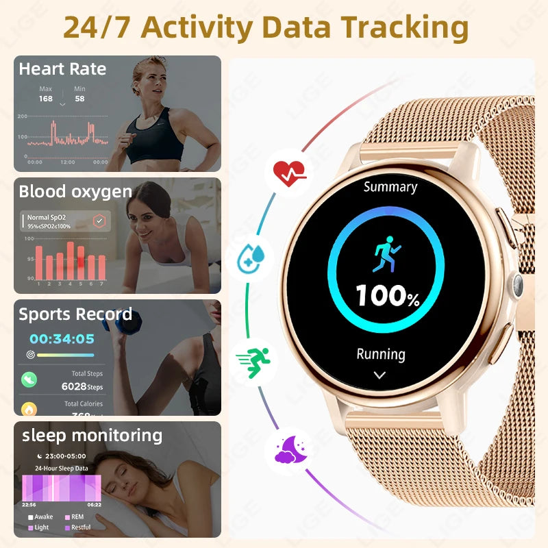 Reloj inteligente LIGE para mujer con pantalla AMOLED y llamadas Bluetooth
