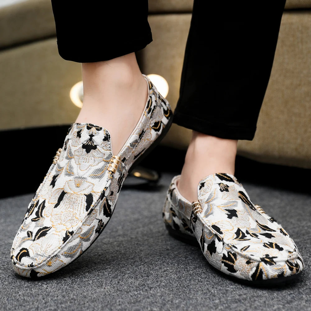 Zapatos Casuales Florales para Hombre | Estilo Mocasín Azul y Blanco