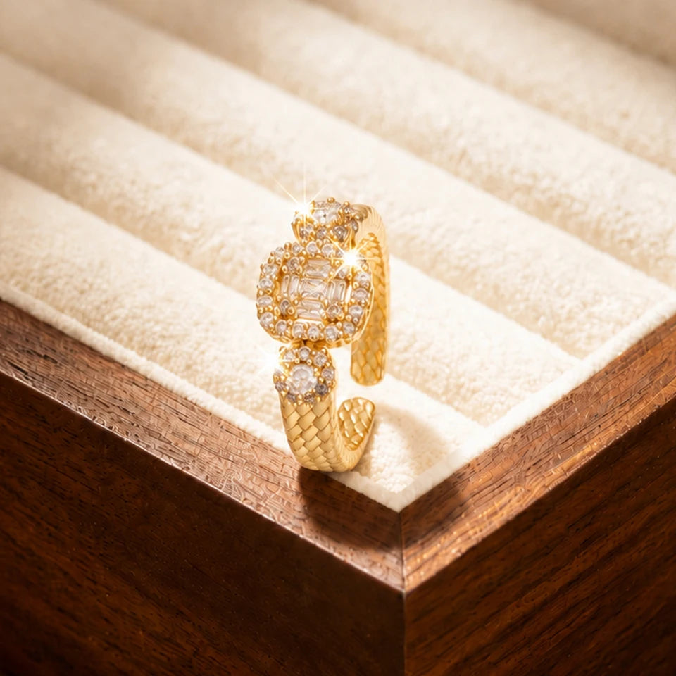 Anillos Ajustables ZAKOL de Lujo con Circonitas Geométricas Cuadradas Micropavimentadas, Joyería Deslumbrante para Bodas y Fiestas