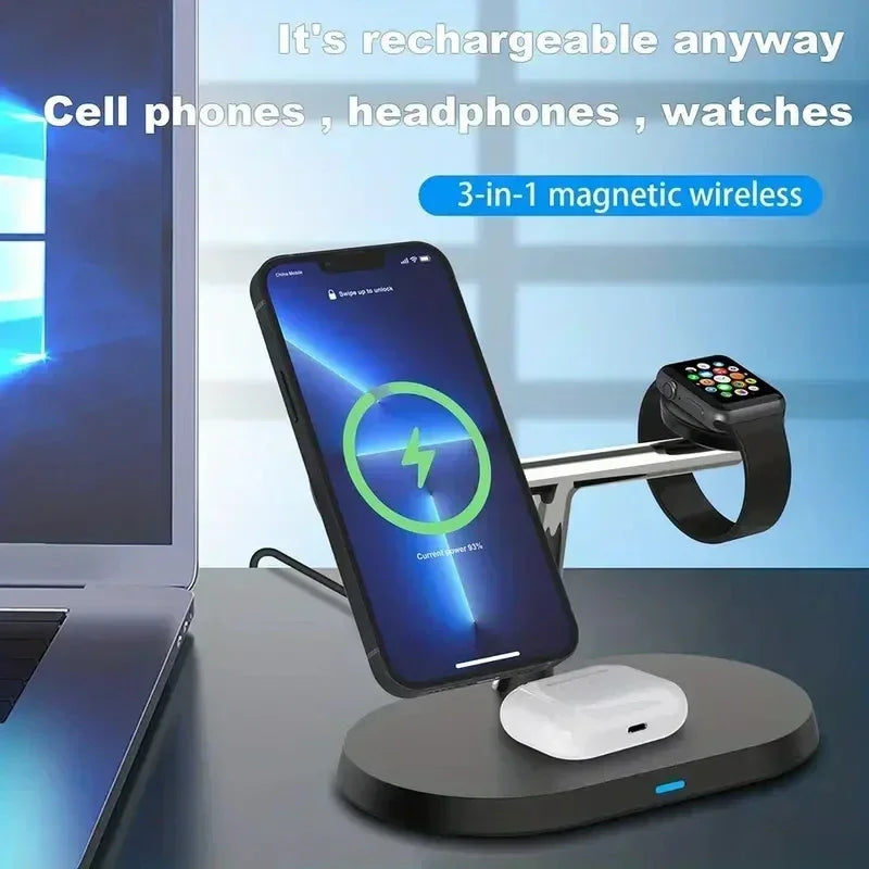 Estación de Carga Inalámbrica Magnética 3 en 1 para iPhone 17 16 15 14 Pro Max, Apple Watch 9 8, Airpods Pro, Base de Carga Macsafe
