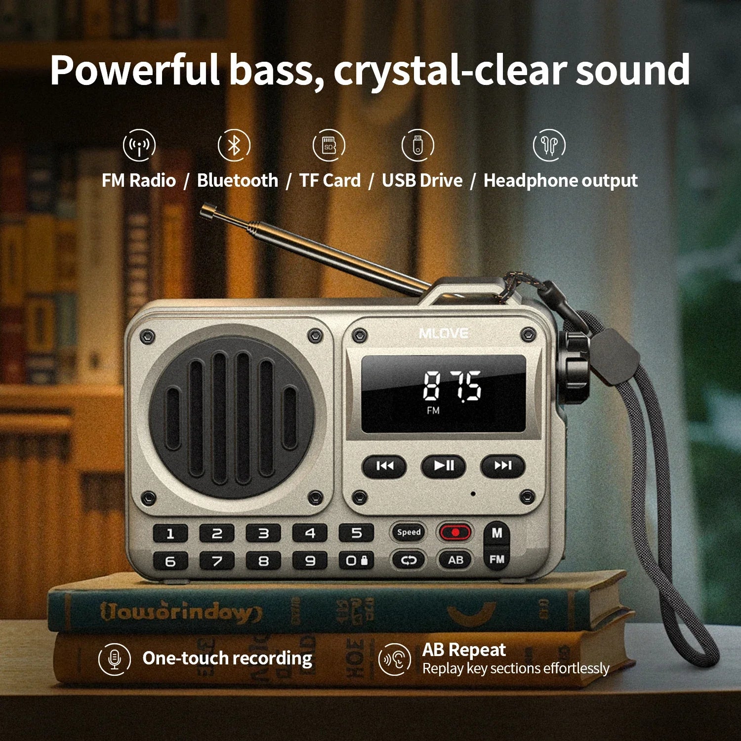 MLOVE BV800P Altavoz Bluetooth portátil con radio FM, reproductor de MP3, tarjeta USB/TF, AUX y antena: audio todo en uno para llevar