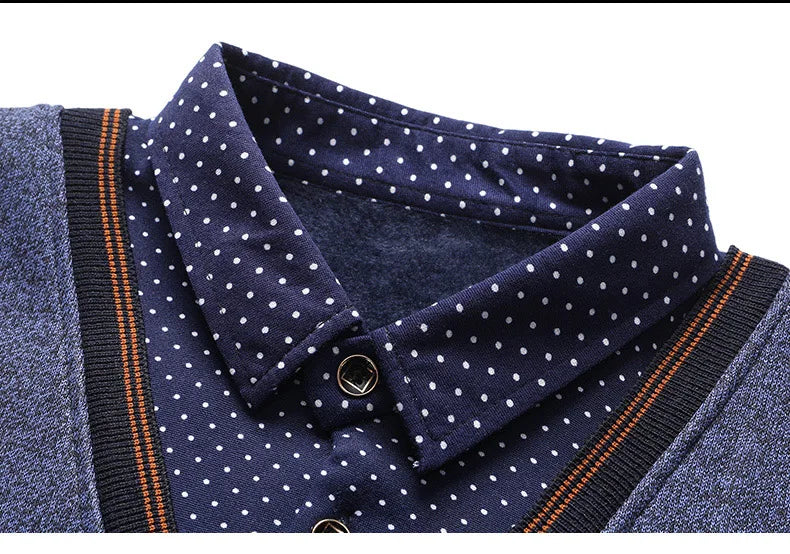 Suéter de felpa para hombre, jersey falso de dos piezas para otoño e invierno, Polo con cuello de lana, Top grueso y cálido, jerséis informales