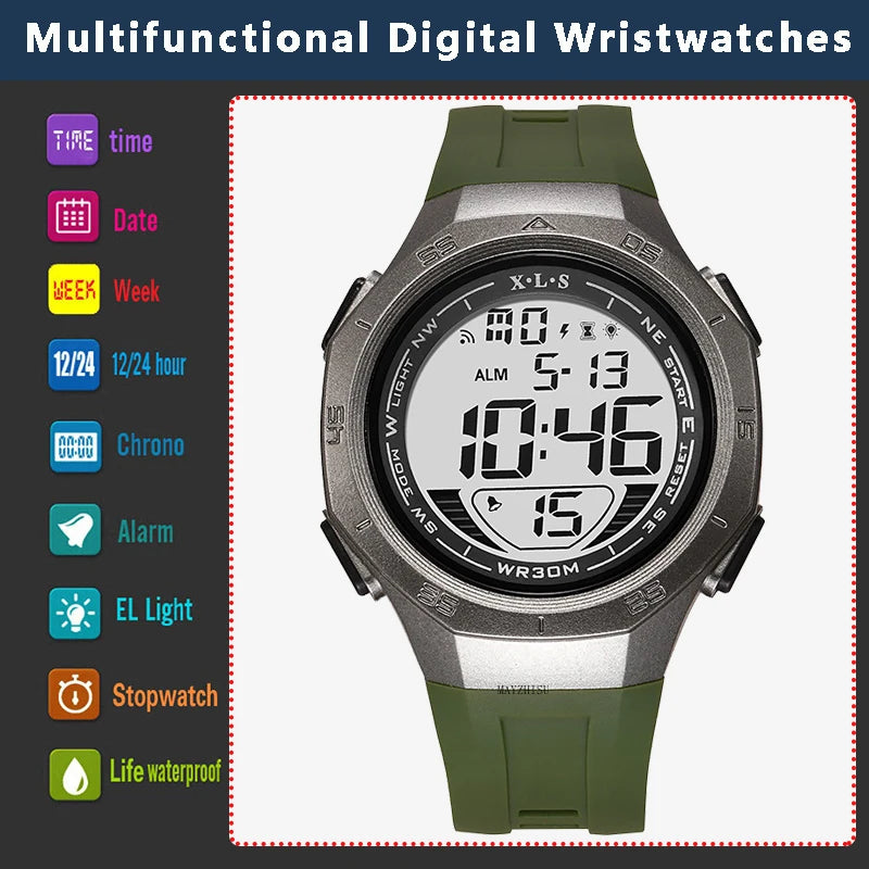 Reloj deportivo MAYZHISU para hombre, relojes de pulsera digitales LED resistentes al agua, cronómetro, despertador, relojes deportivos luminosos para hombres y adolescentes