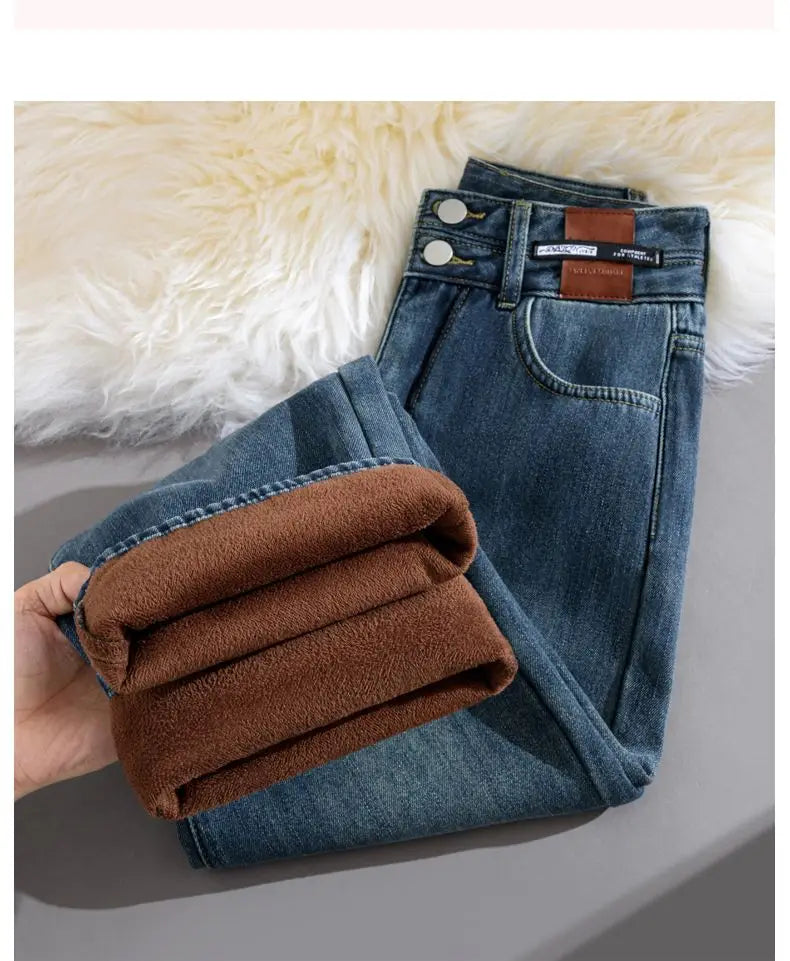 Pantalones Vaqueros de Pierna Ancha con Forro Polar para Mujer, Cintura Alta