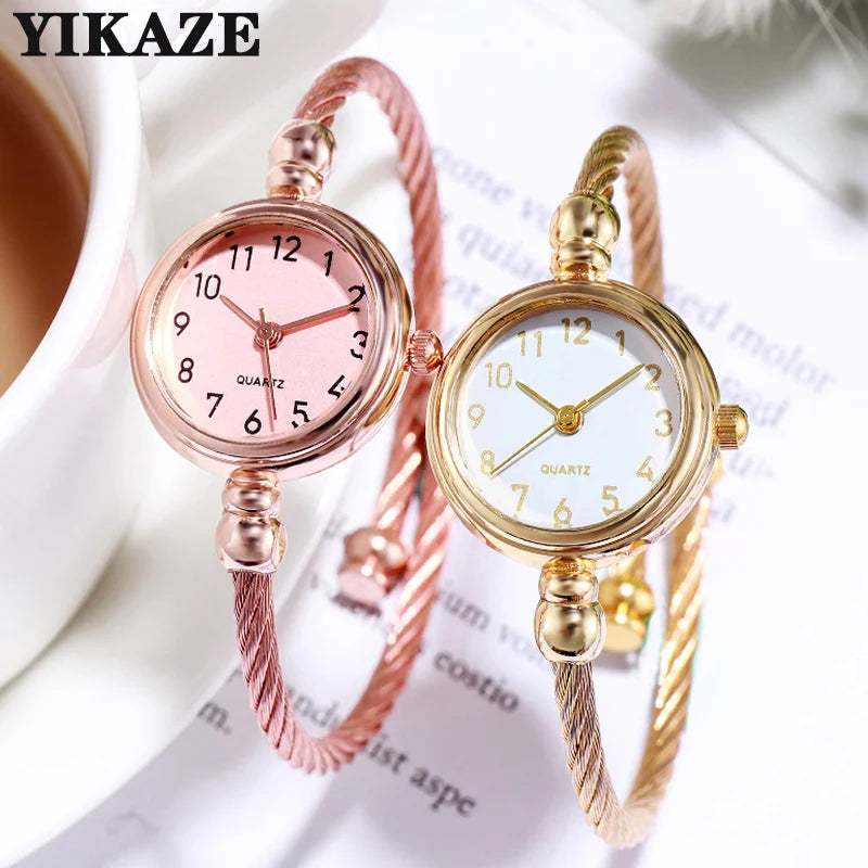 Relojes YIKAZE para mujer, reloj de pulsera con brazalete de oro pequeño, reloj de pulsera de cuarzo Retro de acero inoxidable para mujer, reloj de vestir a la moda