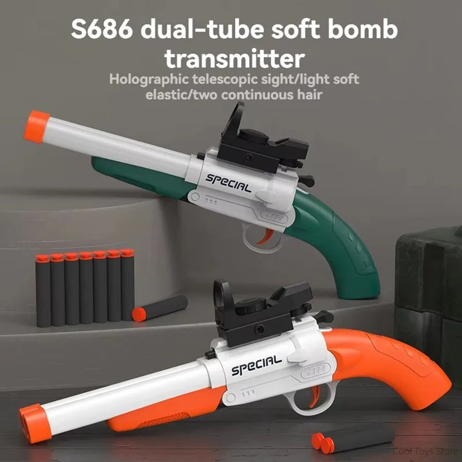 Pistolas de juguete de bala blanda Manual S686 de doble cañón, dardos de espuma, modelo de disparo seguro de plástico, juguetes para niños, juegos para niños