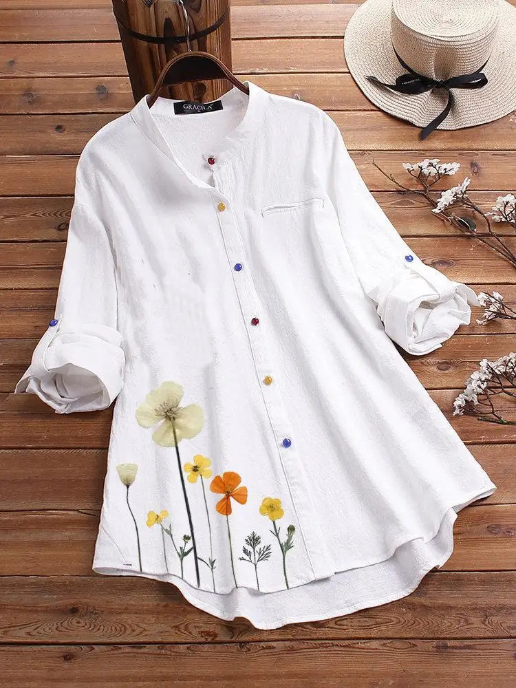 Camisa de Cuello Redondo con Botones y Estampado Floral