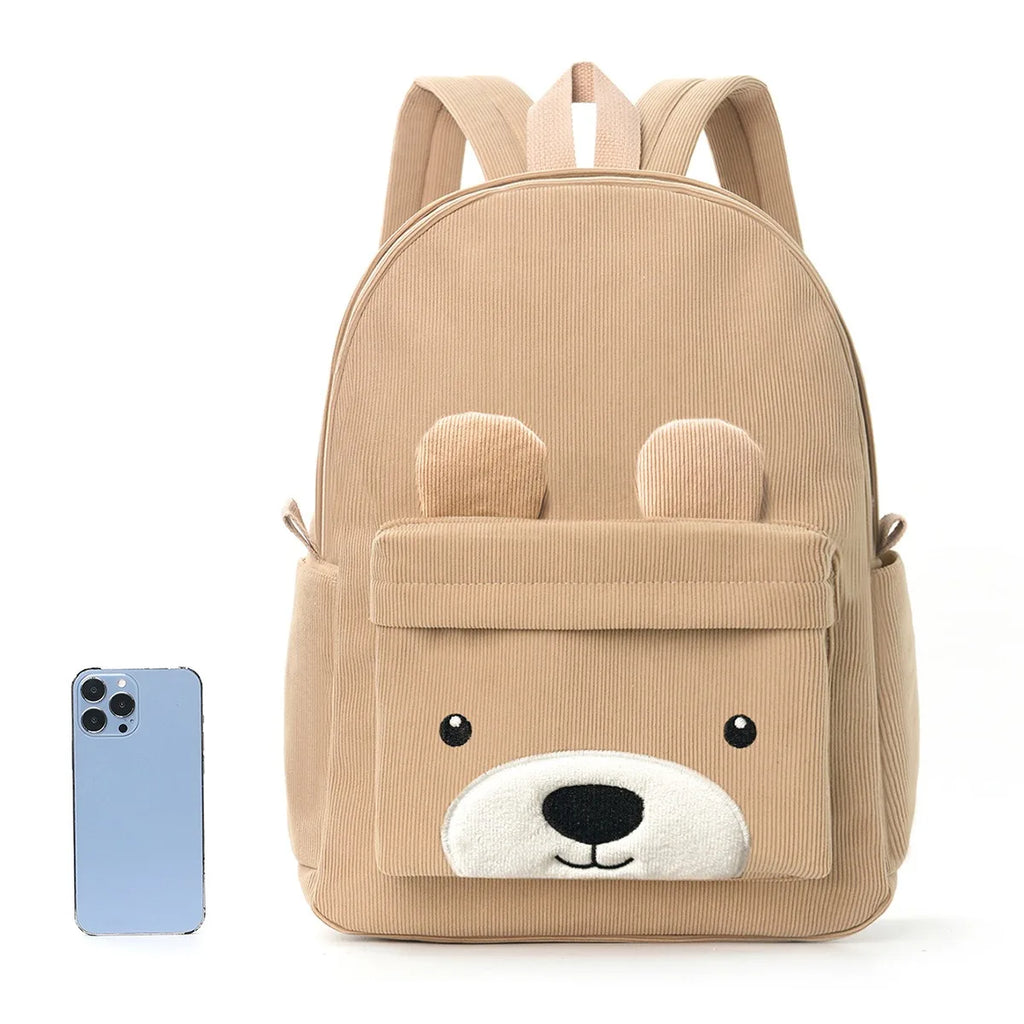Mochila Infantil de Pana con Diseño de Oso de Gran Capacidad
