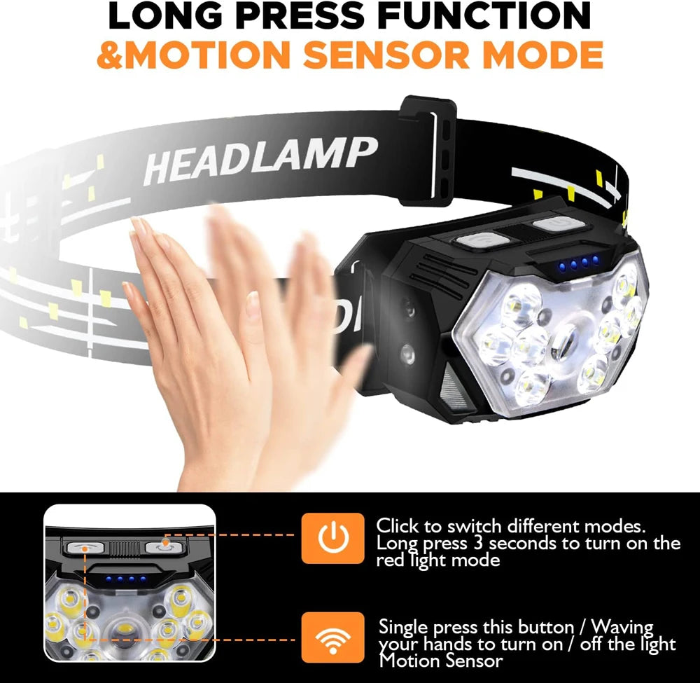 Linterna frontal 9 LED recargable USB con sensor movimiento
