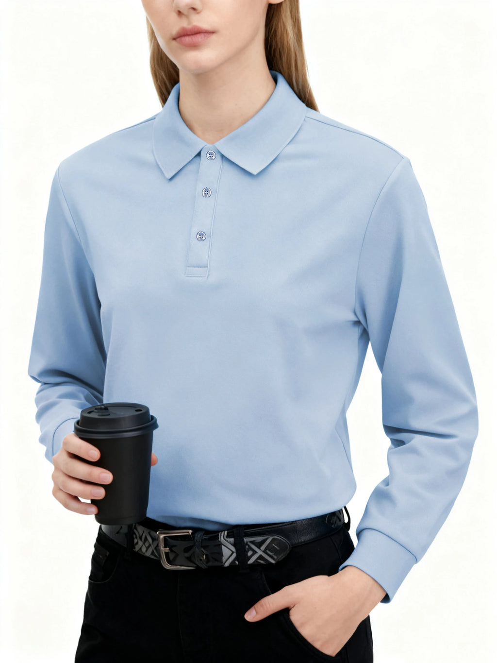 Polo de Manga Larga Ajustado para Mujer, Cuello con Solapa