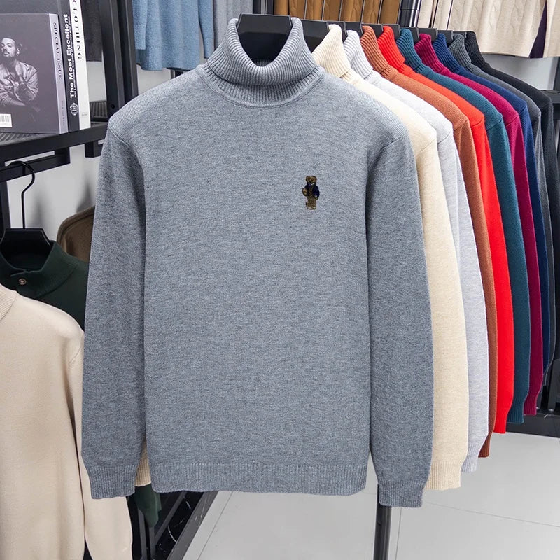 Suéter de Punto de Manga Larga para Hombre, Diseño de Alta Gama, Estampado de Oso, Cuello Alto, Estilo Informal, Versátil, Cálido y Moderno