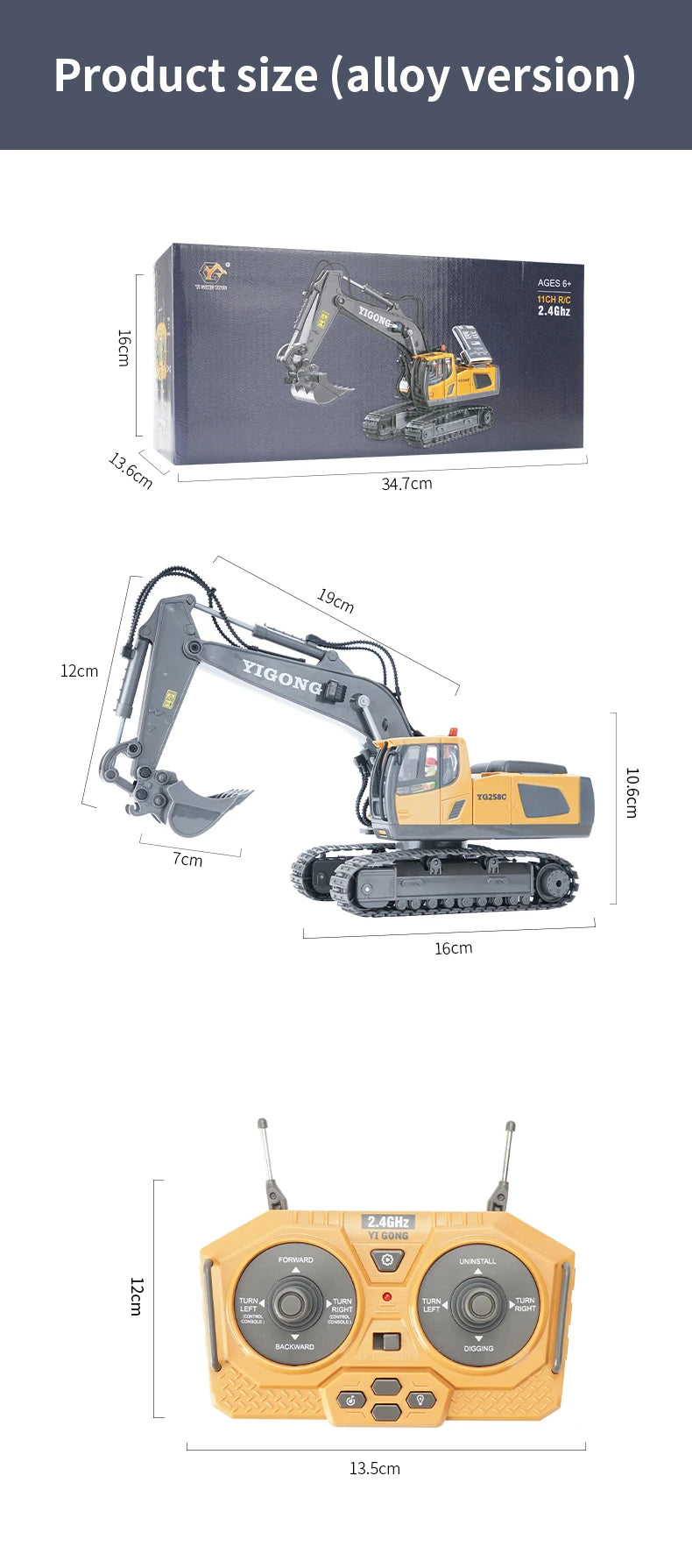 Excavadora RC 1:20 con Volcador y Bulldozer, Luz y Música