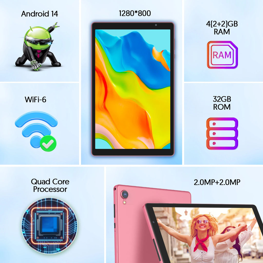 Tablet BAKEN Android 14 de 10 pulgadas, 32GB, Wi-Fi 6 y procesador cuatro núcleos