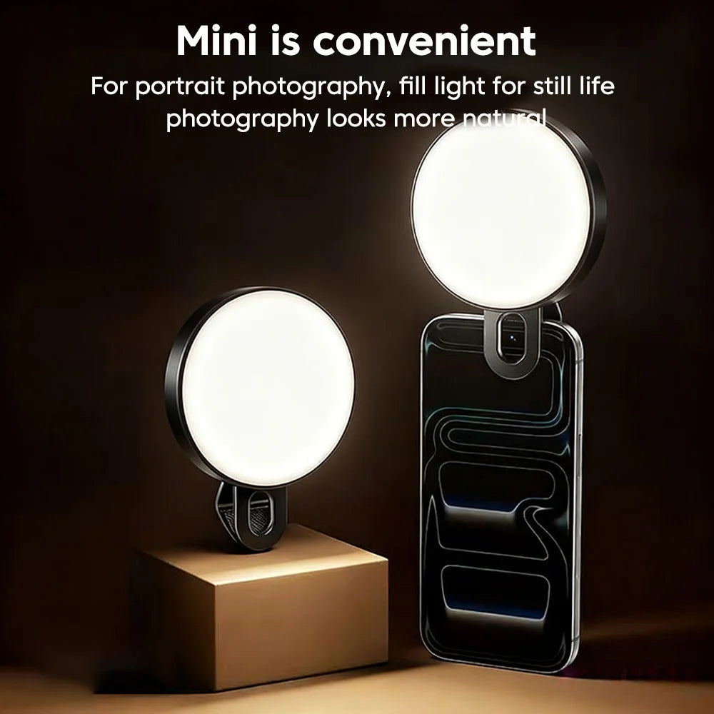 Mini Lámpara LED Portátil con Clip para Selfies, Recargable, 3 Modos, Brillo Ajustable, Apta para Teléfonos Móviles y Computadoras