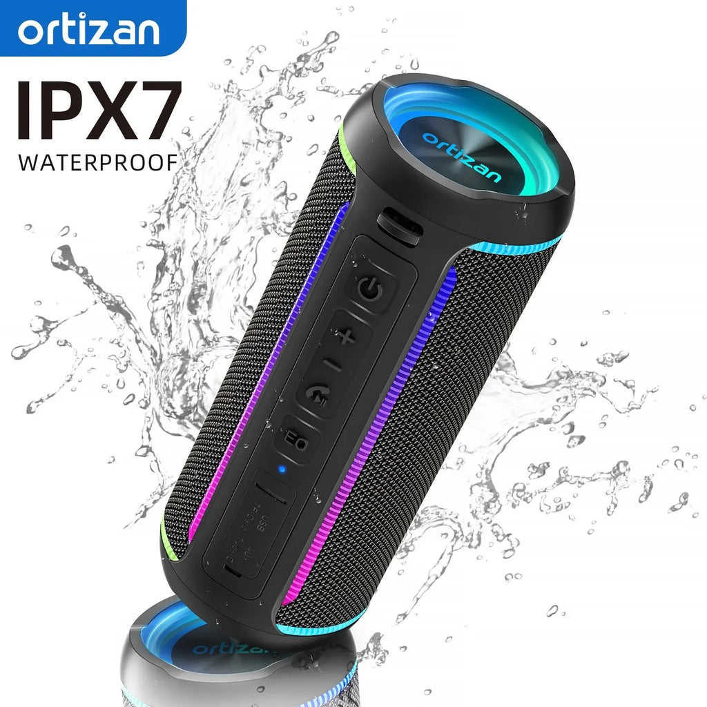 Ortizan Altavoz Bluetooth portátil inalámbrico X30 con sonido estéreo de 40 W, graves ricos, resistente al agua IPX7, luces LED, EQ preestablecido, reproducción USB