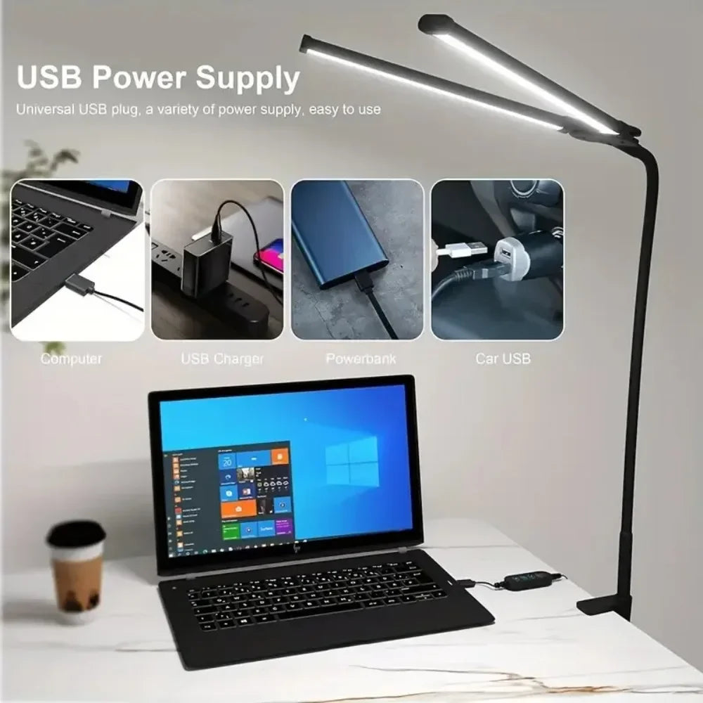 Lámpara de escritorio de doble cabezal LED con clip 3 modos de brillo adaptador USB ajustable adecuado para leer estudiar monitores de piano Oficina