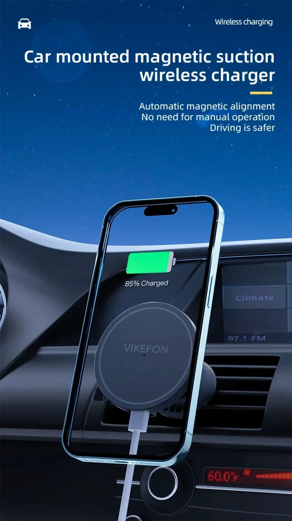 Soporte Magnético para Coche con Carga Inalámbrica Rápida de 15W, Rotación de 360° para iPhone 12 13 14 15 16 17 Pro Max