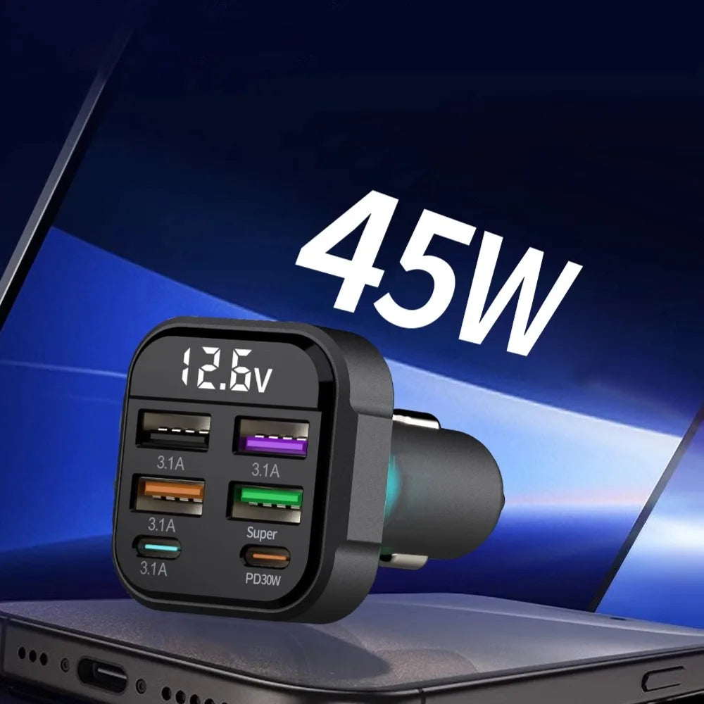 Cargador de Auto 6 Puertos USB con PD30W y QC3.0 Pantalla LED