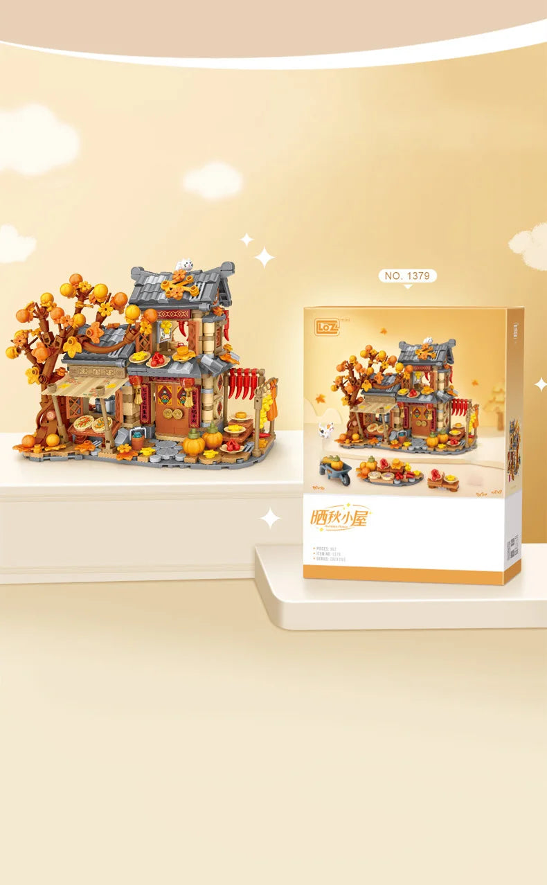 LOZ-1379 Bloques de construcción de casa de sol y otoño, conjunto de modelo educativo de casa de madera, juguetes de bloques de construcción para niños, regalos de cumpleaños