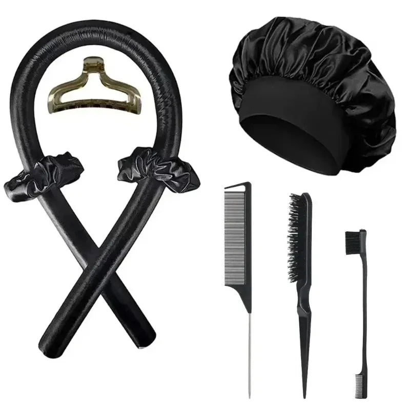 Juego de rizadores sin calor de 3/5/8 piezas con gorro de satén para dormir, pinzas para el cabello, peine y lazo para el cabello, herramientas de peinado sin calor para mujer para uso nocturno
