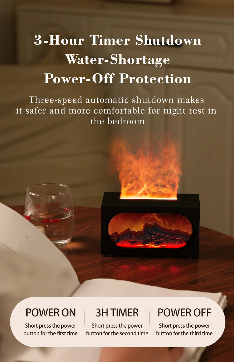 Difusor de aroma para chimenea con luz ambiental de llama, protección de apagado sin agua, salida de niebla fina y grande, humidificación silenciosa
