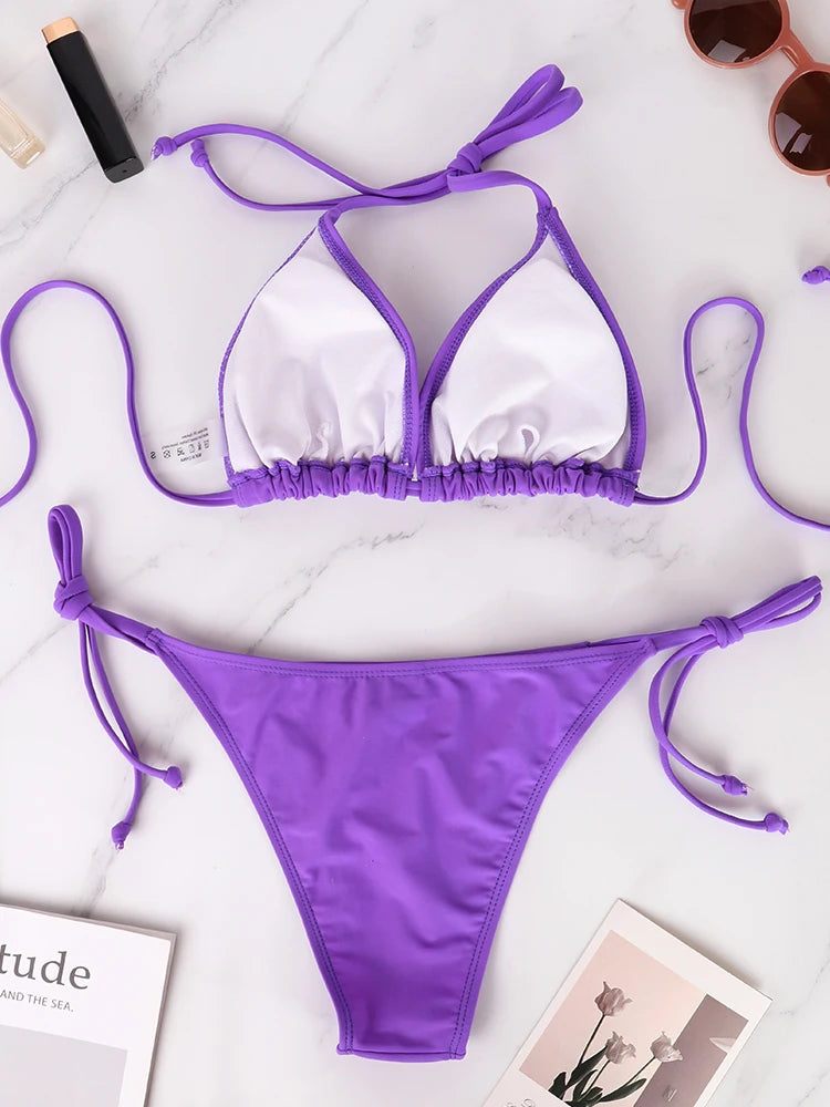 Conjunto de Bikini de Dos Piezas para Mujer, a la Moda, 2026, Sexy, Sólido, Triangular, con Tanga, Ropa de Playa