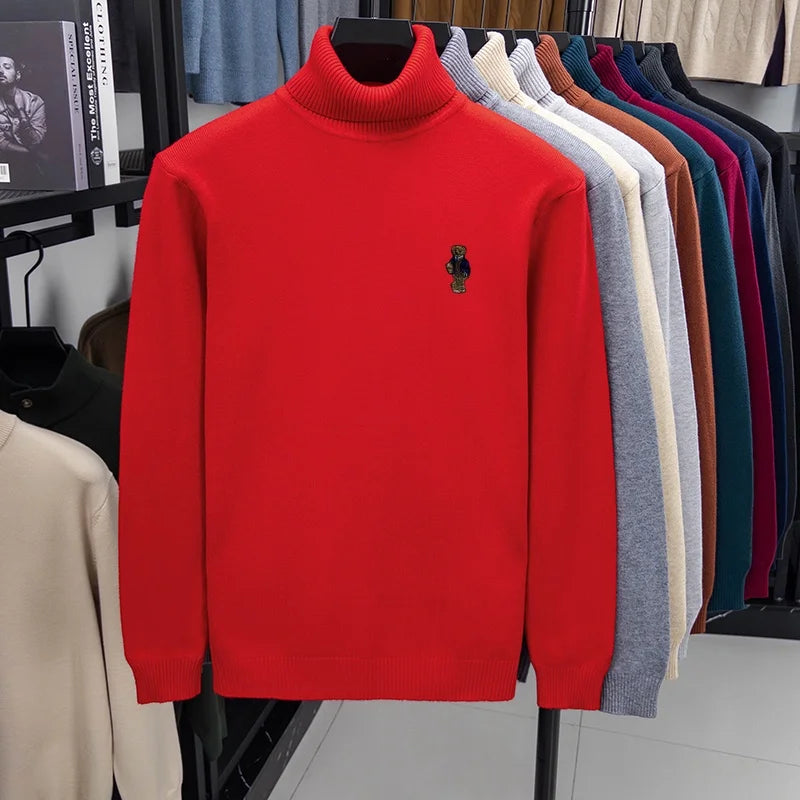Suéter de Punto de Manga Larga para Hombre, Diseño de Alta Gama, Estampado de Oso, Cuello Alto, Estilo Informal, Versátil, Cálido y Moderno