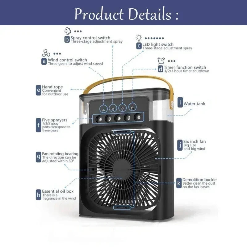 Ventilador Portátil 3 en 1 con Humidificador y Luz Nocturna