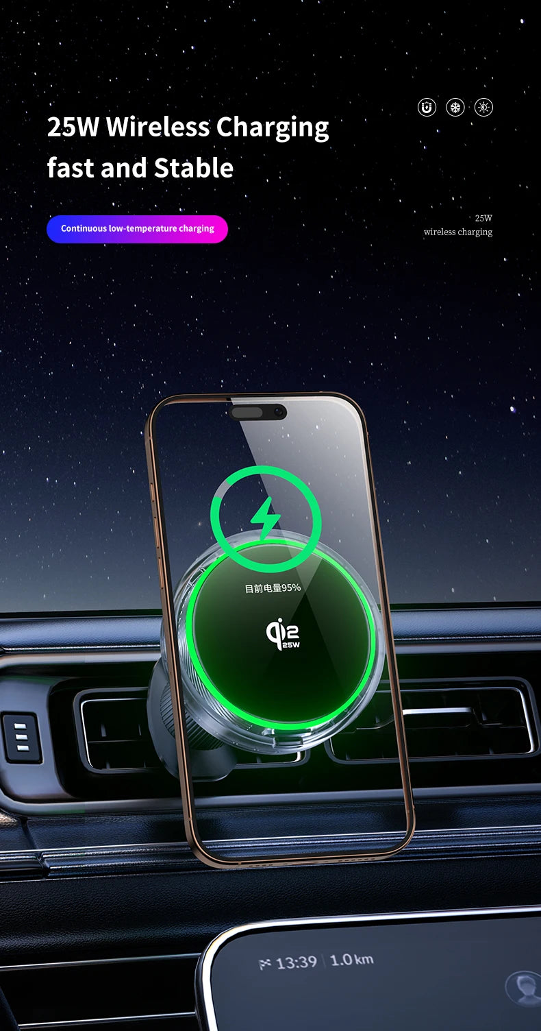 Soporte Magnético para Teléfono con Cargador Inalámbrico Qi2 de 25W, Refrigeración por Aire y Luz RGB, para iPhone Magsafe 17~12 Pro Max, Base de Carga Rápida