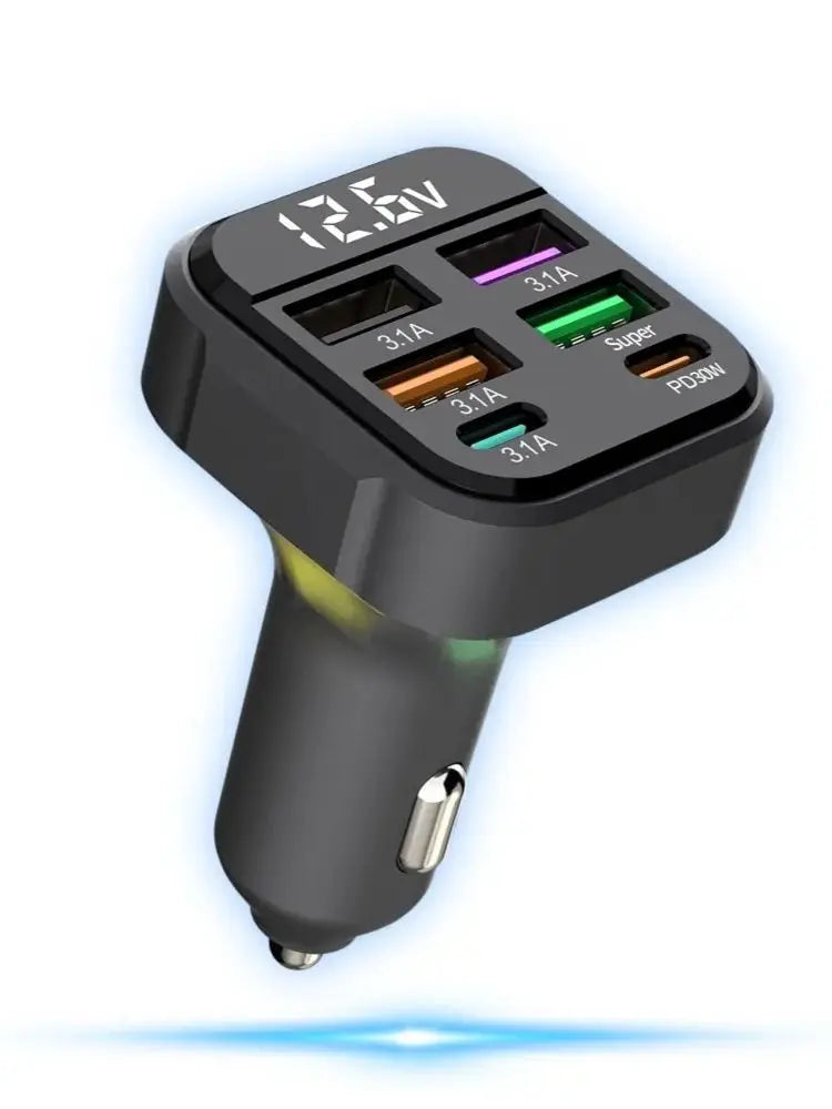 Cargador de Auto 6 Puertos USB con PD30W y QC3.0 Pantalla LED