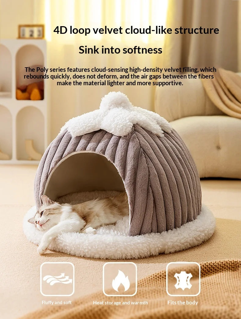 Cama para Gatos de Felpa Semicerrada con Capucha - Cálida y Lavable