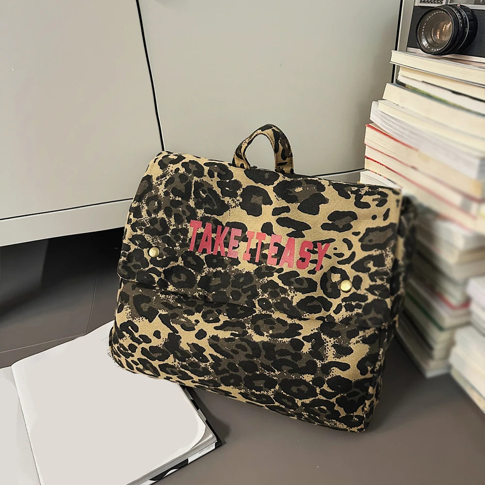 Mochila de Lona Estampado Leopardo Estilo Coreano 2025