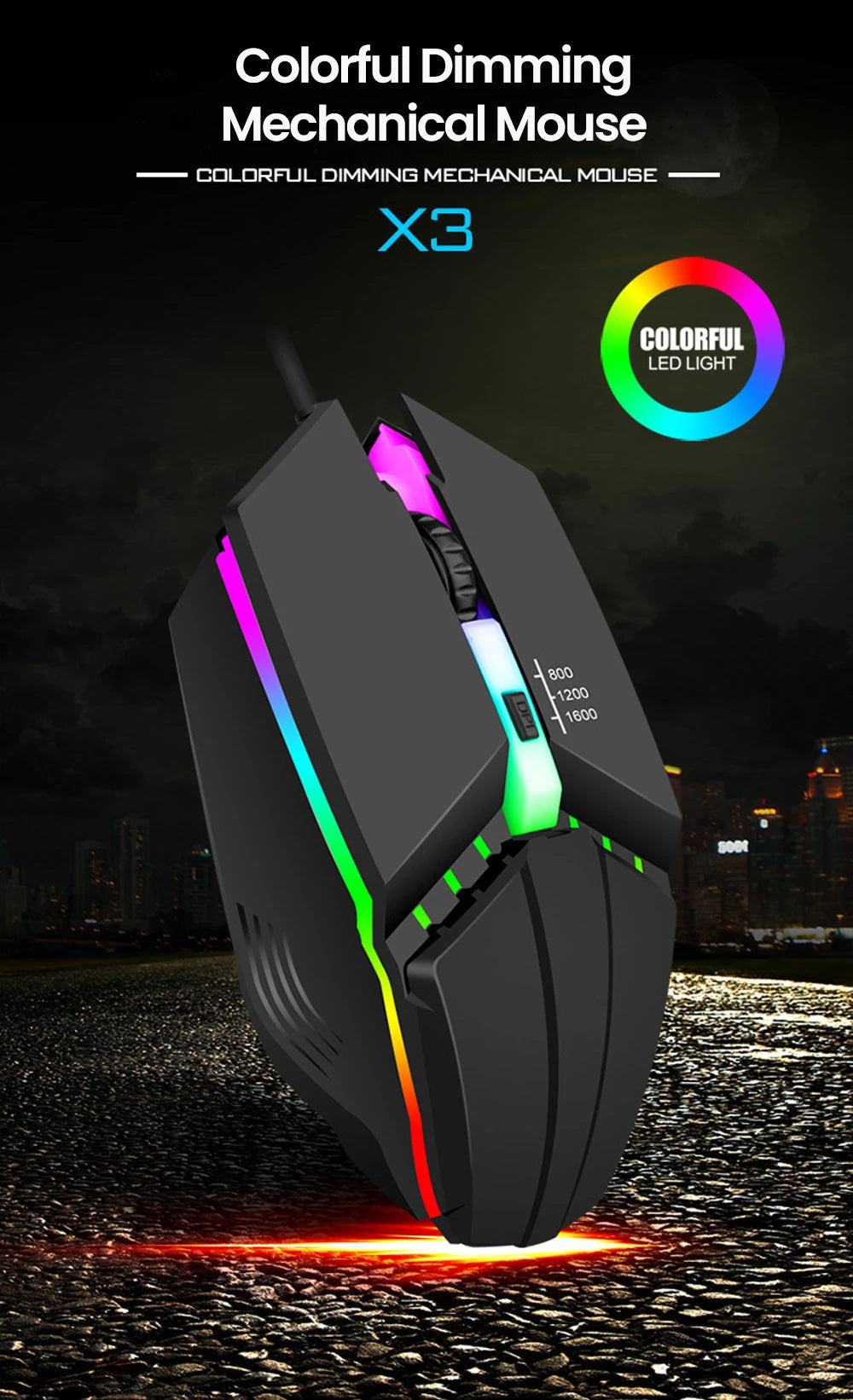 Ratones USB silenciosos con retroiluminación RGB, ratón para juegos con cable USB para PC de escritorio, portátil, ordenador, hogar y oficina, LED luminoso de 1600DPI