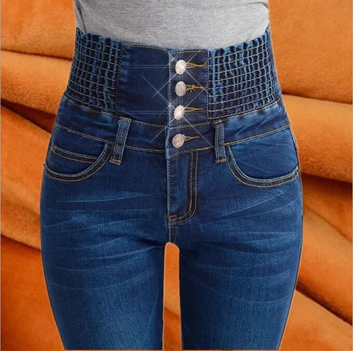 Pantalones Vaqueros Cálidos de Lana para Mujer, Cintura Alta con Forro de Terciopelo