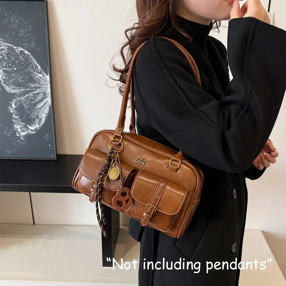 Bolso de Hombro de Cuero PU de Color Sólido Retro para Mujer con Múltiples Bolsillos, Gran Capacidad, Bolso de Mano Elegante y Moderno