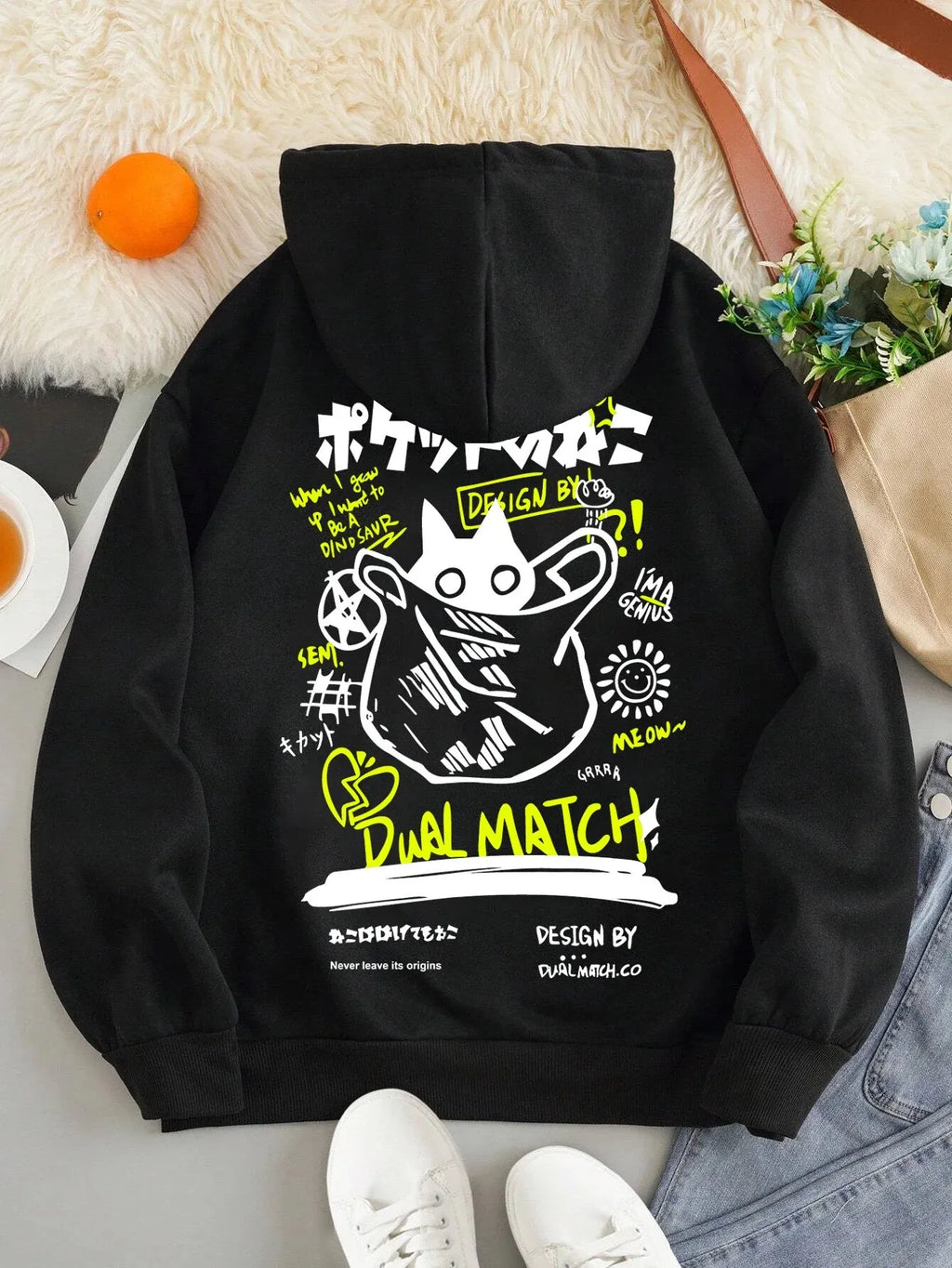 Sudadera con Capucha de Gato Negro Estilo Japonés para Hombre y Mujer, Informal, Deportiva, de Dibujos Animados, de Manga Larga, para Otoño e Invierno