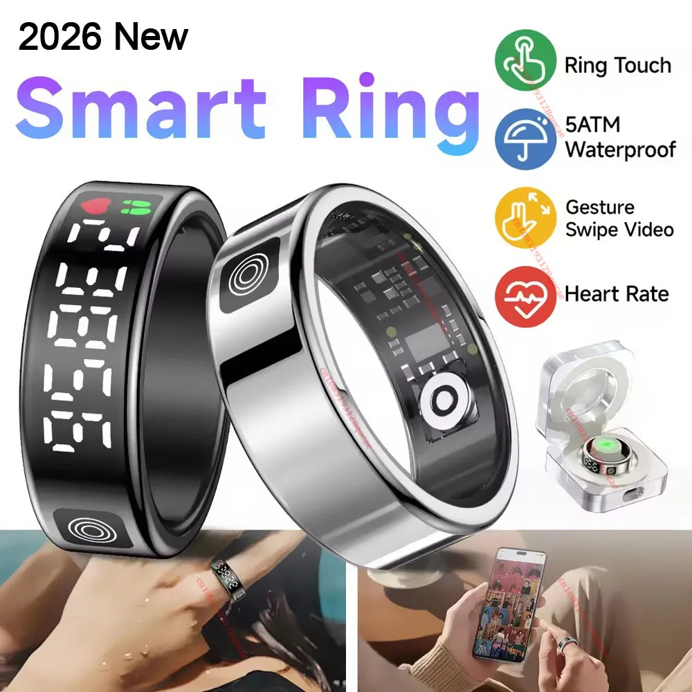 Nuevo Anillo Inteligente 2026 con Pantalla, Gestos, Video, Resistencia al Agua 5ATM, Cámara Remota, Monitoreo de Presión Arterial para Hombres y Mujeres